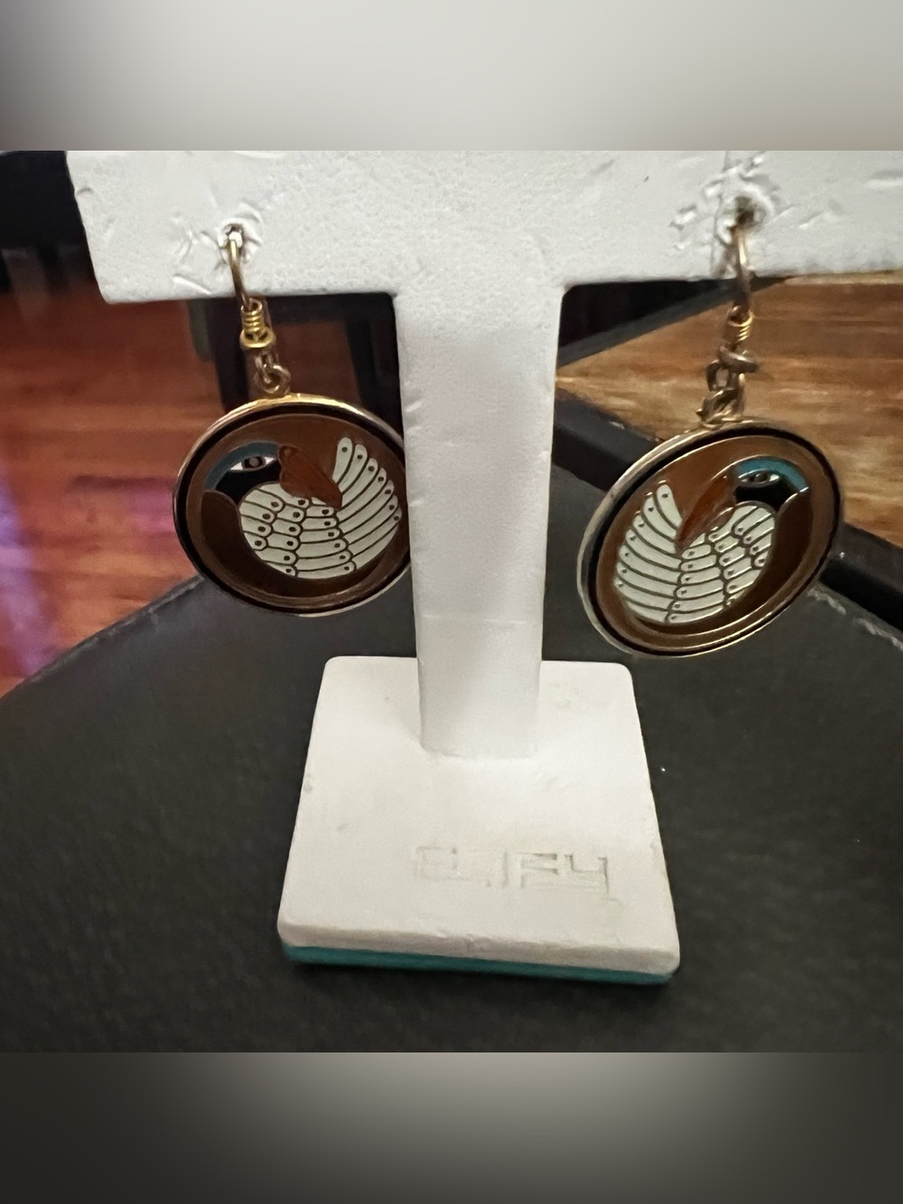 Gold-tone Bird Motif Hoop Earrings - White & Brown Enamel